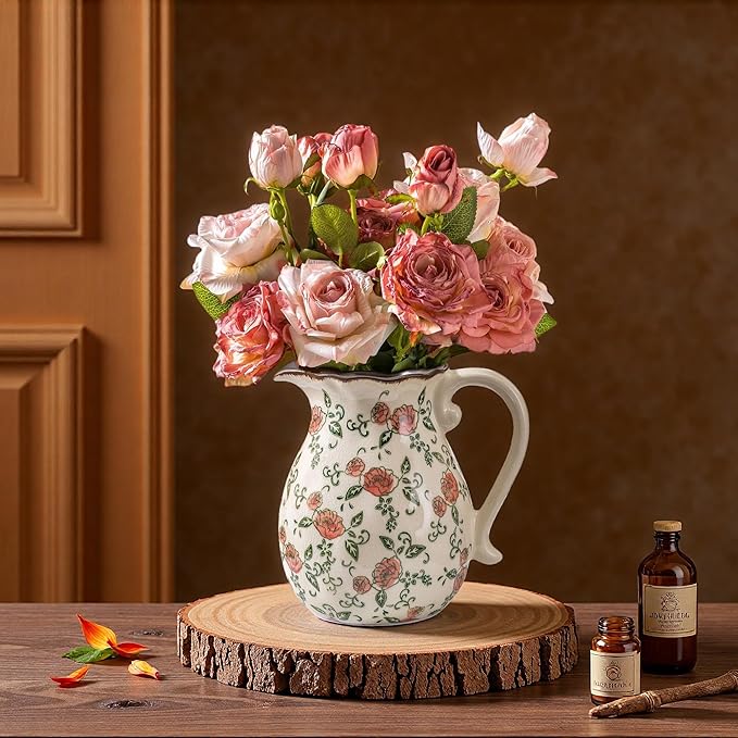 Green and Beige Vintage Vase with Handle,Red Rose Chinoiserie Vase,Farmhouse Antique Decorative Ceramic Vases for Home Decor,Bookshelf, Dining Table, Coffee Table,Mantel, Tuscan Decor (H8.05 Inch)