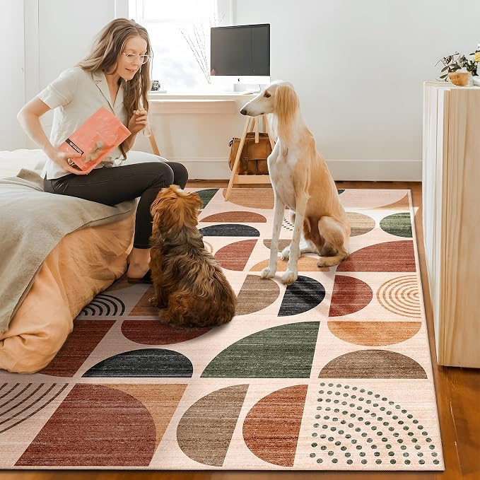 MUJOO Washable Area Rug 6x9,Boho Rugs for Living Room Bedroom Dining Room,Large Throw Floor Carpet Non Slip Soft Modern Abstract Bohemian Terracotta