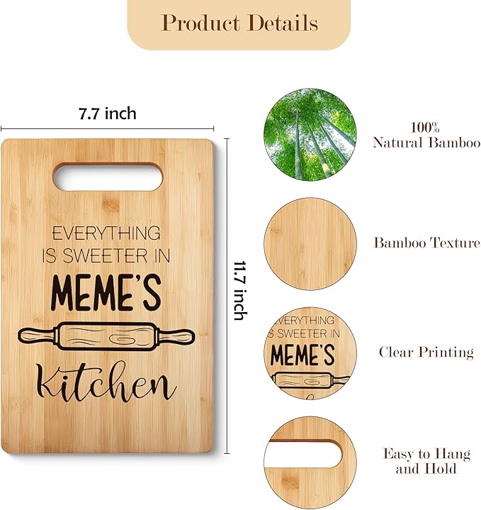 Meme Cutting Board, Grandma Cutting Board Gifts For Meme, Mother's Day Kitchen Gifts for Mom from Daughters Sons Kids, Best Grandma Gifts, Meme Decorative Bamboo Chopping Board For Kitchen