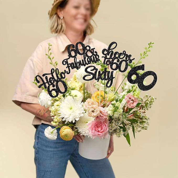 Gyufise 15Pcs 60th Birthday Centerpiece Sticks Sixty Happy 60th Table Flower Centerpieces Sticks Cheers to 60 Floral Decorations for 60th Birthday Party Centerpieces Supplies Black