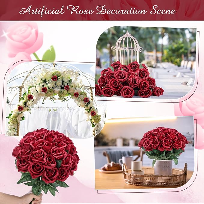 Lyrow 200 Pcs Artificial Roses Realistic Flowers Bulk Real Looking Fake Silk Rose Bouquets with Long Stem Flowers for Wedding Table Centerpieces Bridal Shower Party Home Garden Decor (Wine Red)