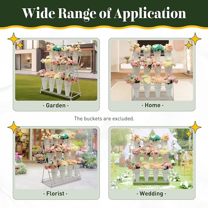 3 Layers Movable Flower Display Stand Metal Plant Stand with 12Pcs Buckets Moving Florist Bouquet Shelf Flower Holder Organizer Rack for Patio Garden Living Room Florist,White