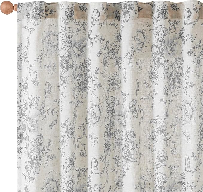 jinchan Linen Blend Curtain Floral Curtains for Living Room 63 Inch Length Grey Printed Curtain Rod Pocket Back Tab Farmhouse Peony Flower Patterned Drapes Bedroom Window Curtains Set 2 Panels