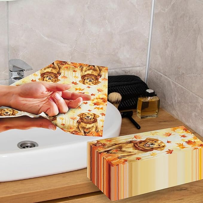 100pcs Maple Leaves Golden Retriever Napkins 3-Ply Thanksgiving Napkins for Decoupage Disposable Guest Hand Towels for Bathroom Home Kitchen Table Harvest Party