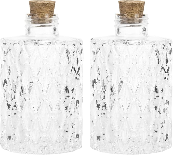 MyGift Small Clear Glass Reed Diffuser Bottles, Vintage Embossed Apothecary Style Flower Bud Vases with Cork Lids, Set of 2