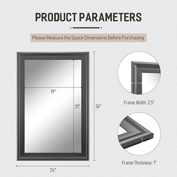 CULER Wall Grey Mirror for Bathroom,Rectangle Rustic 24 x 36 inch Hanging Vanity Mirrors with Wood Grain Finish Frame for Living Room,Bedroom,Entryway