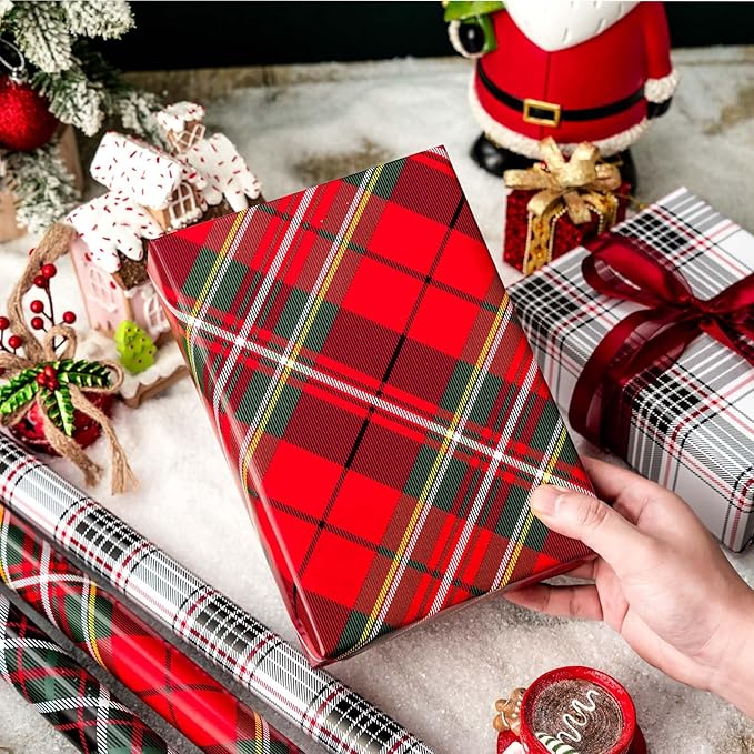 MAYPLUSS Christmas Wrapping Paper Roll - Mini Roll - 17.3 inch X 120 inch Per roll - 3 Different Red & Black Plaid Design (43.2 sq.ft.ttl)