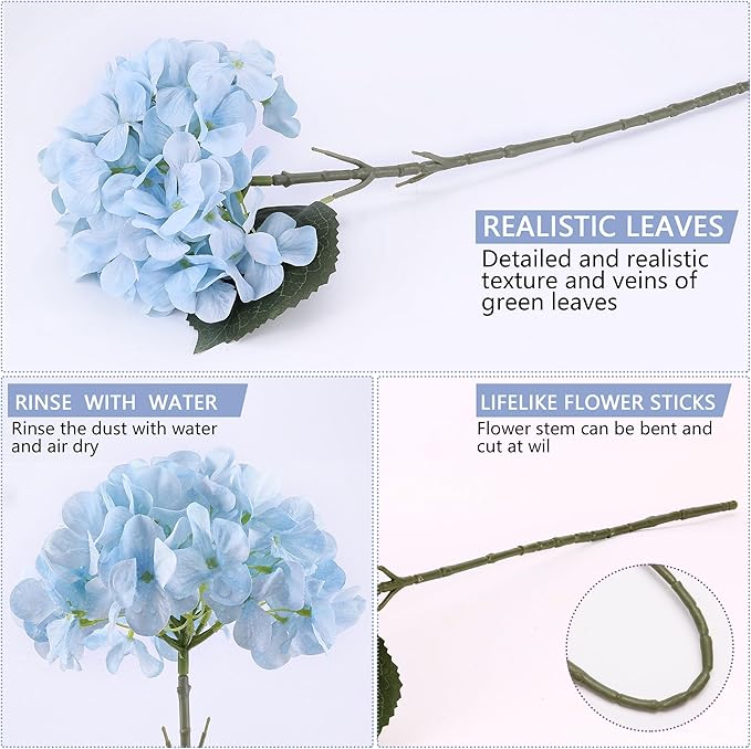 4 Pcs Long Stem Big Size Artificial Hydrangea Flowers for Home Wedding Decor, Party Centerpieces, Office Decoration,Shower (Sky Blue)