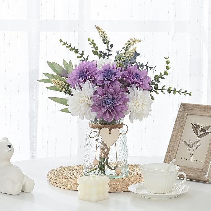 MARTINE MALL Fake Flowers in Vase, Faux Flowers in Vase, Dahlia Artificial Flowers in Vase Centerpiece Table Decorations Artificial Flower Arrangement for Home Dining Room Office Farmhouse