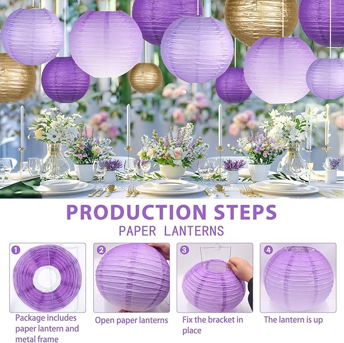 Paper Lanterns Decorative, Gradient Purple Round Hanging Paper Lantern Decorations for Purple Birthday Decorations Bachelorette Gender Neutral Baby Shower, 15Pcs