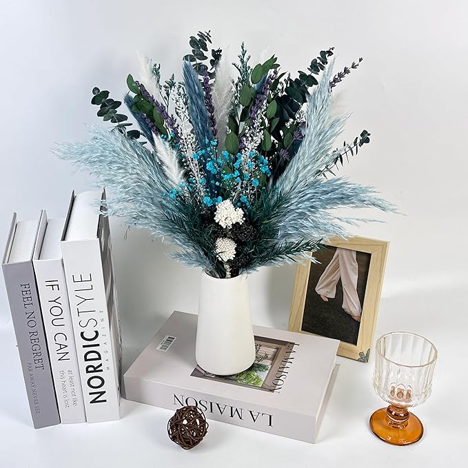 Natural Dried Flower Bouquet, 17” Blue Pampas and Eucalyptus Arrangement with Lavender and Turquoise Accents, Rustic Boho Floral Decor for Living Room, Bedroom, or Gift