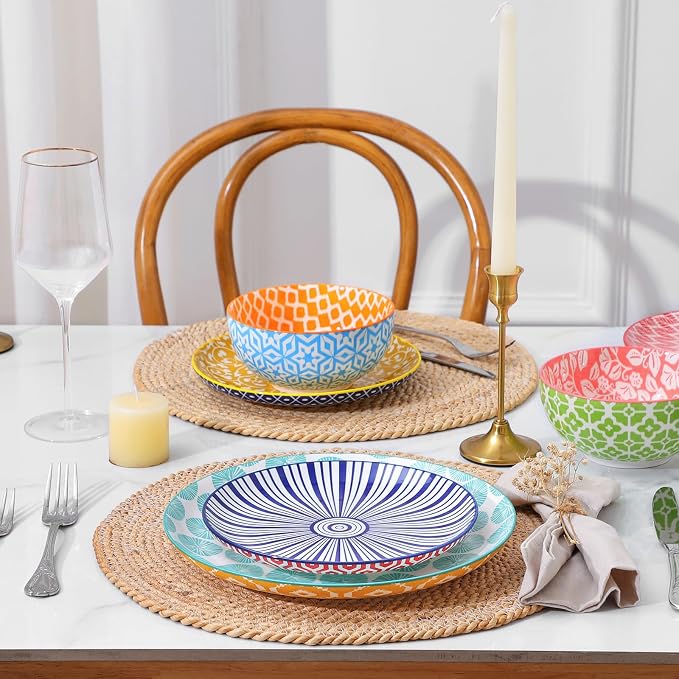 Selamica Ceramic Plates and Bowls Sets,32 Pieces Dinnerware Sets for 8,Scratch Resistant Dish Set for family gathering,Dishwasher & Microwave Safe, Assorted Colors