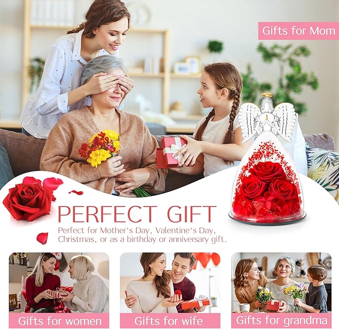 Christmas Flowers Gifts for Grandma Mom,Forever Real Roses in Angel Figurines,Christmas Roses Gifts for Women Wife Mother in Law/Red