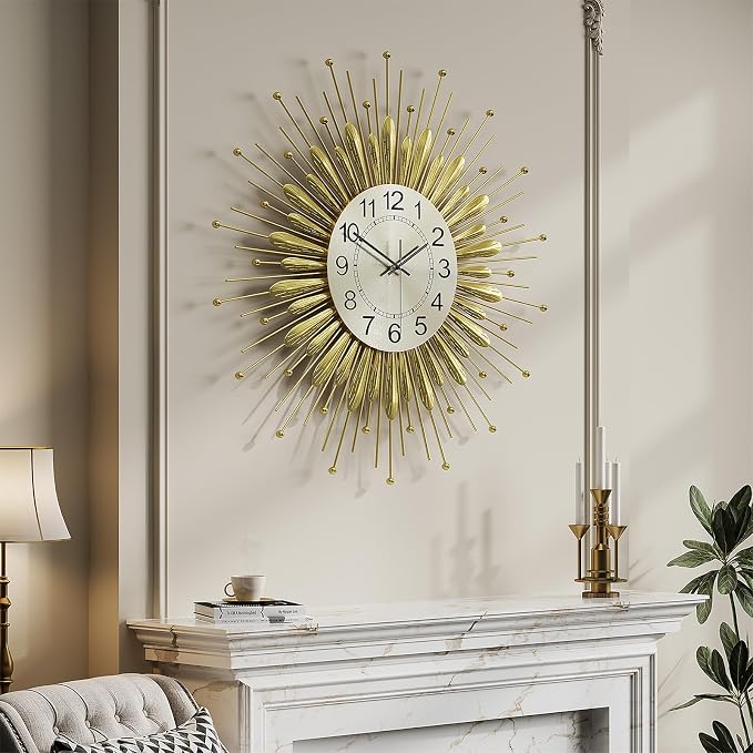 Cuspin Large Gold Wall Clock 30 Inch, Mid Century Modern Sunburst Decorative Design, Silent Non Ticking Battery Operated Metal Wall Clock, for Living Room, Dining Room, Bedroom, Office