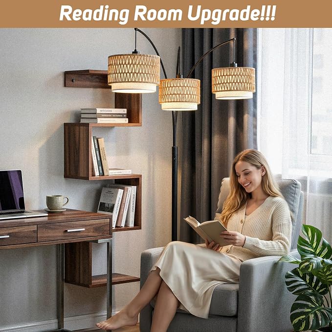 Arc Floor Lamp for Living Room, 80 Inch Rattan Floor Lamp with Rotary Switch, 3 Lights Boho Tall Lamp with Wicker Shade for Coastal,Bohemian,Tree Farmhouse Standing Lamp