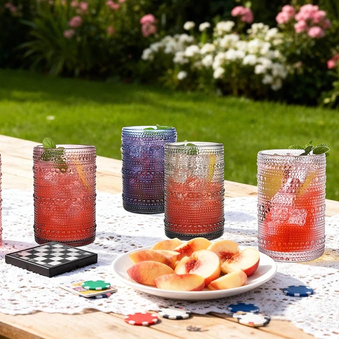 Green Hobnail Drinking Glasses Set of 6,15 oz Vintage Highball Glasses,Drinkware Kitchen Glasses for Cocktail,Iced Coffee,Beer,Ice Tea,Wine,Whiskey,Water