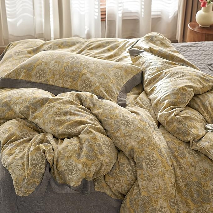VM VOUGEMARKET Yellow Flower Duvet Cover Queen,3 Pieces Retro Jacquard Golden Floral Bedding Set,Linen Cotton Yarn-Dyed Textured Duvet Cover with Zipper Closure