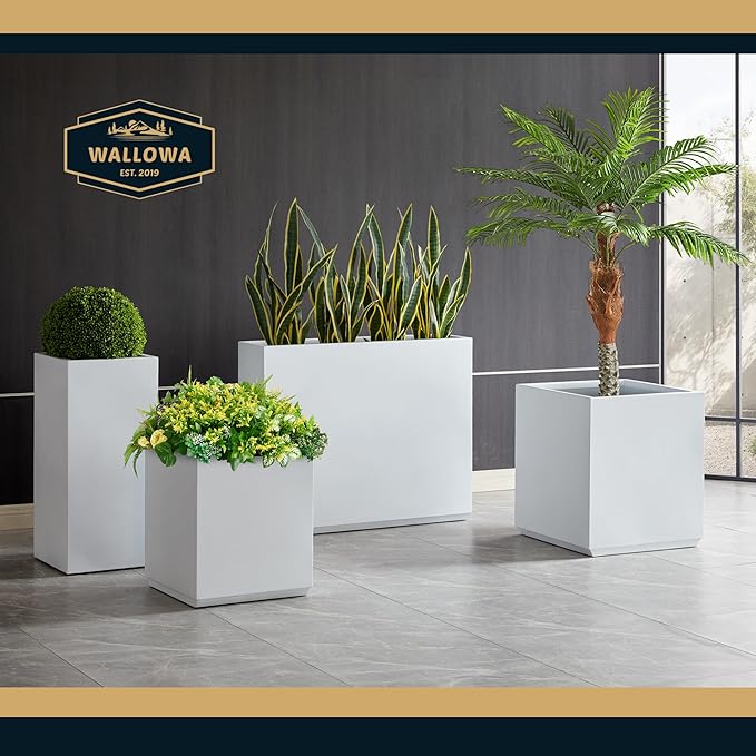 Wallowa Metallic Heavy Outdoor Span Planter Box, Large Flower Pot, Long and Tall Divider Planters, 38Lx10Wx30H, White, Seamless and No Assembly 48.8 Pounds