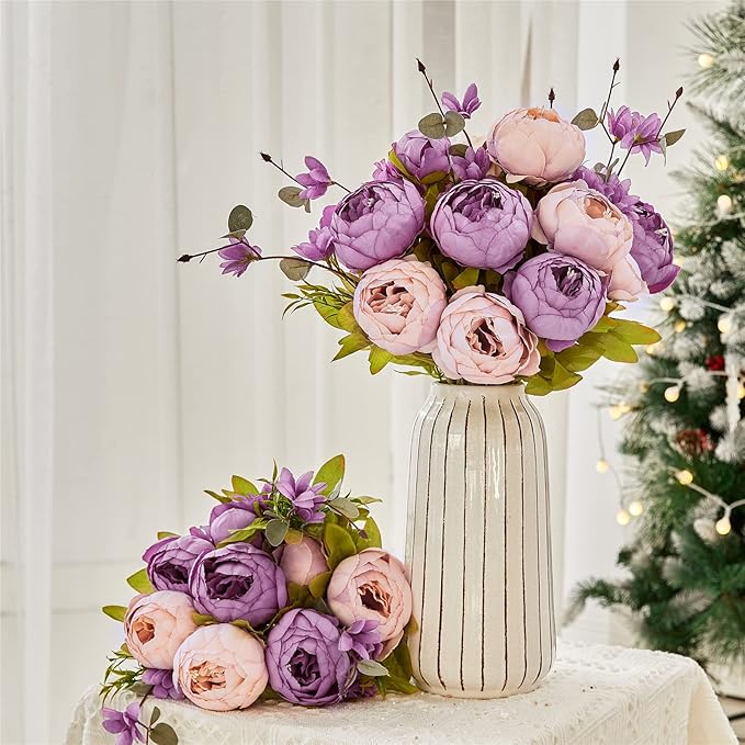 Fule 2 Pack Large Artificial Peony Silk Flower Bouquets Arrangement Wedding Centerpieces (New Purple)