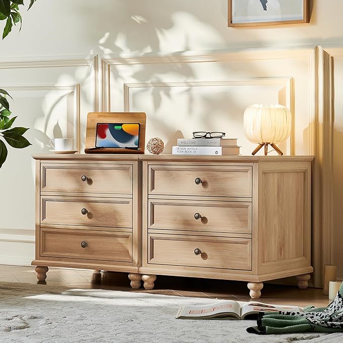 24" Wide Farmhouse Night Stand Set of 2,Large End Table with 3 Drawers & Metal Handle,Wood Dresser for Bedroom,Bed Side Table Chest of Drawers Cabinet,Natural Nightstand for Living Room,Closet
