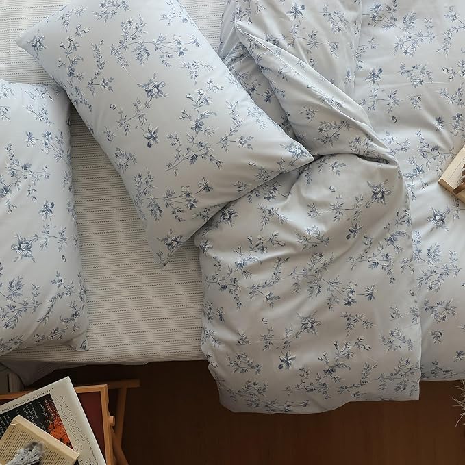 LifeTB 3 Pieces Duvet Cover Twin XL Blue Floral Print Duvet Cover Coquette Bedding Set Vintage Flower Duvet Cover Soft Cotton Comforter Cover Boho Cottagecore Duvet Cover with Zipper Closure