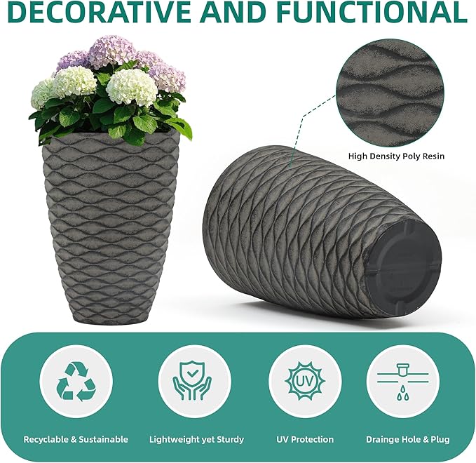 19" Resin Tall Outdoor Planters (Set of 2), Rustic Washed Black Finish Flower Pots with Wave Texture, Weather-Resistant for Porch, Garden, or Patio