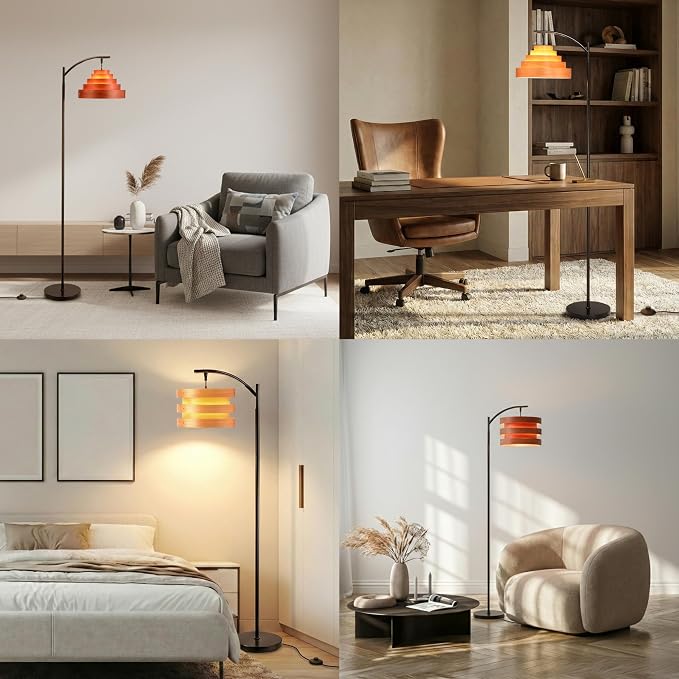O’Bright Strata Wooden Floor Lamp - Mid Century Modern Standing Lamp with Layered Wood Shade, Tall Reading Lamp for Living Room, Bedroom, Office, Antique Brass, Dark Oak, Cascade Shade