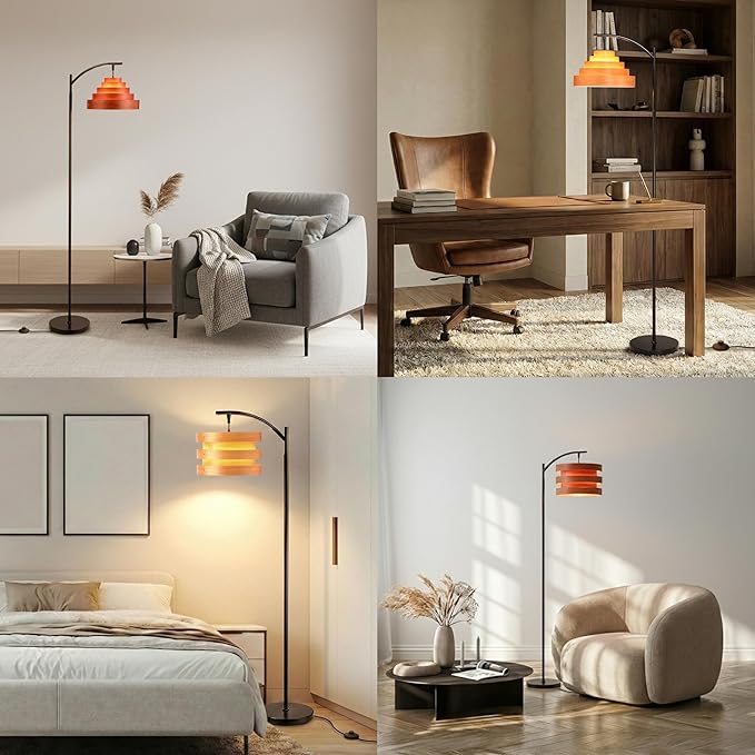 O’Bright Strata Wooden Floor Lamp - Mid Century Modern Standing Lamp with Layered Wood Shade, Tall Reading Lamp for Living Room, Bedroom, Office, Antique Brass, Light Oak, Horizon Shade
