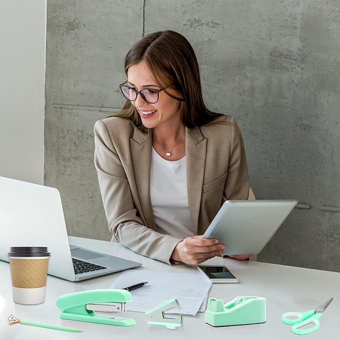 Green Office Supplies, Green Desk Accessories, Stapler, Staple Remover, Tape Holder, Pen Holder, Ballpoint Pen, Scissor, Binder Clips, 1000pcs Staples, Phone Holder, Ruler, Transparent Glue and Notes