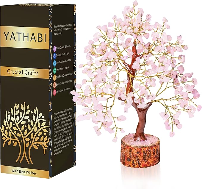Rose Quartz Feng Shui Crystal Tree - Pink Spiritual Decor - Gemstone Bonsai Tree - Positive Energy Pink Desk Accessory