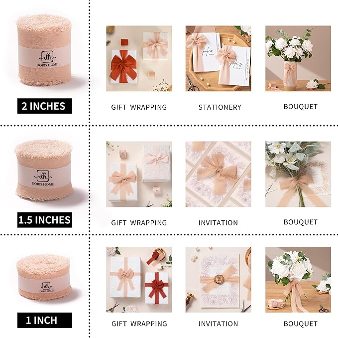 DORIS HOME Pink and Cream Chiffon Ribbon for Flower Bouquet, 1" x21Yd Fabric Ribbon for Gift Wrapping, Handmade Frayed Ribbon for Wedding Invitations/Christmas Decorations