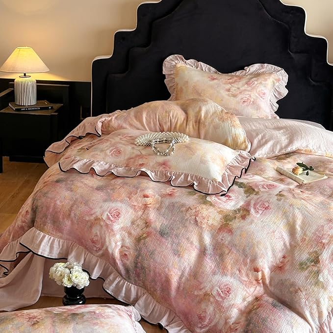 HighBuy Pink Floral Duvet Cover Twin XL Ruffle Lace Design,Premium Linen Cotton Yarn-Dyed Textured Coquette Rose Floral Comforter Cover Set for College,Farmhouse Bedding Set with 2 Pillowcases
