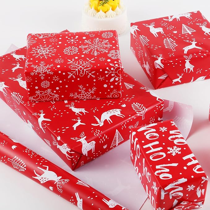 Miss DuiDui Christmas Red Gift Wrapping Paper, 3 Rolls, 17 inch x 9.8 feet, Red with White Reindeer and Snowflake Design for Christmas, Party, Holiday, Girls Kids Boys