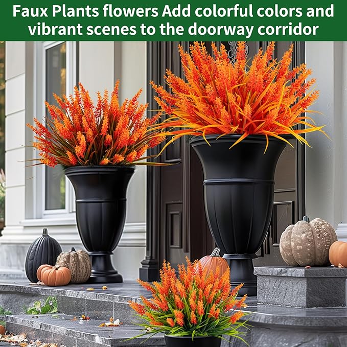 Artificial Fall Flowers for Outdoor Plants 24 Bundles Fake Lavender Plastic Faux Monkey Grass for Verandah Window Garden Office Patio Front Porch UV Resistant for Planter(Autumn Red)