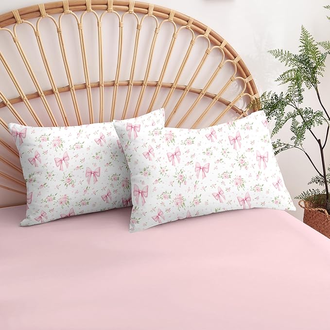 Nayoroom Pink Bow Duvet Cover Queen Size White Green Leaf Floral Duvet Cover Girls Cute Coquette Bedding Set 3 Pieces Soft Lightweight Spring Cottage Core Bedding Gifts for Women