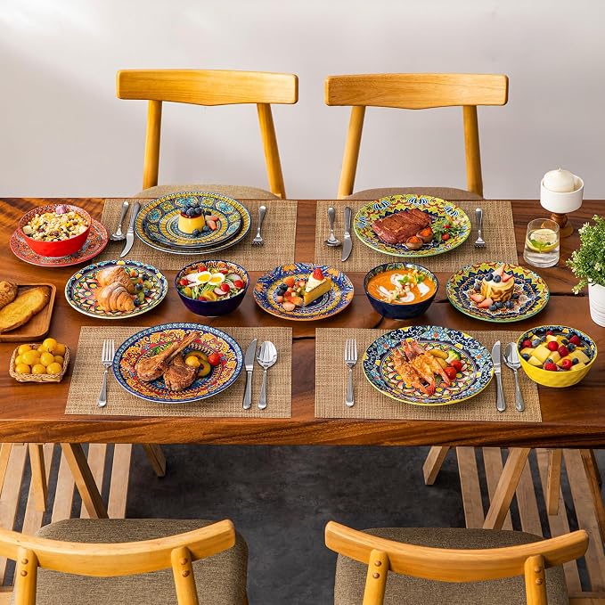 vancasso 18 Pieces Plates and Bowls Set, Bohemian Style Dinnerware Sets Service for 6, Porcelain Boho Dishes Set for Kitchen, Housewaring Gift, Dishwasher and Microwave Safe, Series KRVI