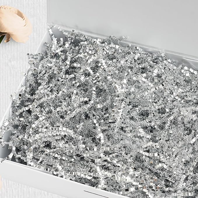 Uptotop 4oz Crinkle Cut Paper Shred Filler for Gift Wrapping Basket Filling, Birthday, Christmas, Thanksgiving, Wedding, Mother's Day, Glitter Silver (4 oz)