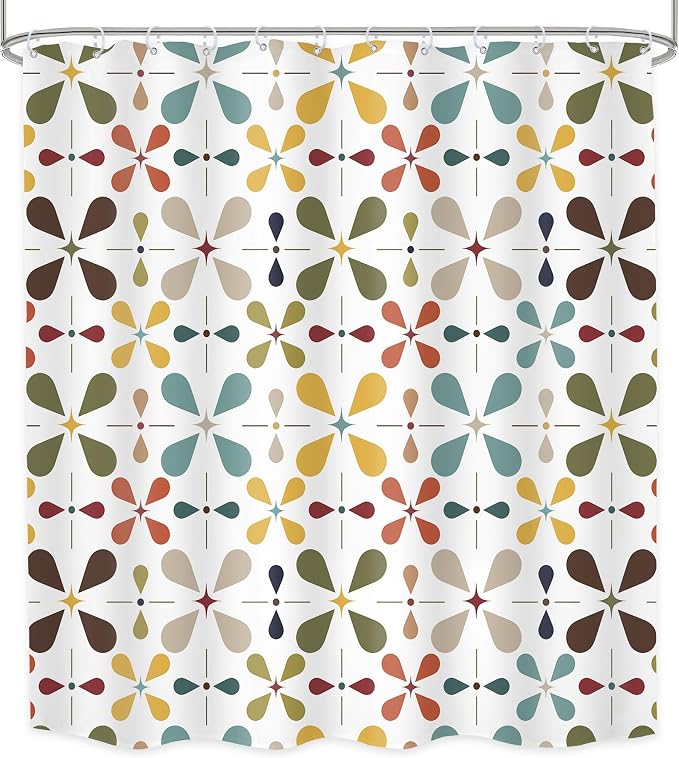 White Boho Mid Century Shower Curtain Bathroom Set 71Wx71H Inches Modern Vintage Abstract Bohemian Colourful Geometry Retro Bath Accessories Aesthetic Girly Art Home Decor Fabric 12 Pack Hooks