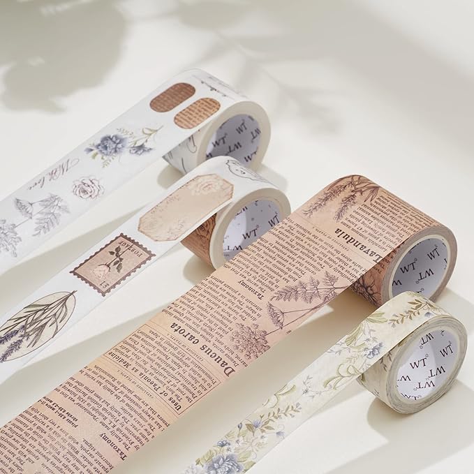 WT Petals & Parchment Washi Sticker Tape Set, 4 Rolls, Original Vintage Floral Designs, Decorative Masking Tape for DIY Crafts, Journaling, Scrapbooking, Planners, and Adhesive Paper Stickers