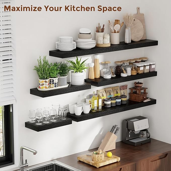 Heimlove 24 Inch Floating Shelves for Wall Black Shelves Set of 2,Wall Mounted Rustic Wood 8 Inch Deep Floating Shelf with Invisible Brackets for Bedroom Kitchen Living Room