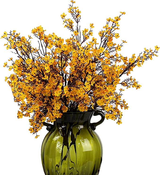 10pcs Babys Breath Artificial Flowers With Vase Gypsophila Bouquet Bulk Fake Spring Silk Flowers Real Touch Faux Floral for Home Kitchen Garden Wedding Christmas Decor (Yellow Orange With Vase)