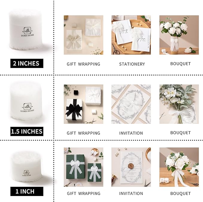 DORIS HOME White Chiffon Ribbon for Flower Bouquet, 1" x21Yd Fabric Ribbon for Gift Wrapping, Handmade Frayed Ribbon for Wedding Invitations/Christmas Decorations