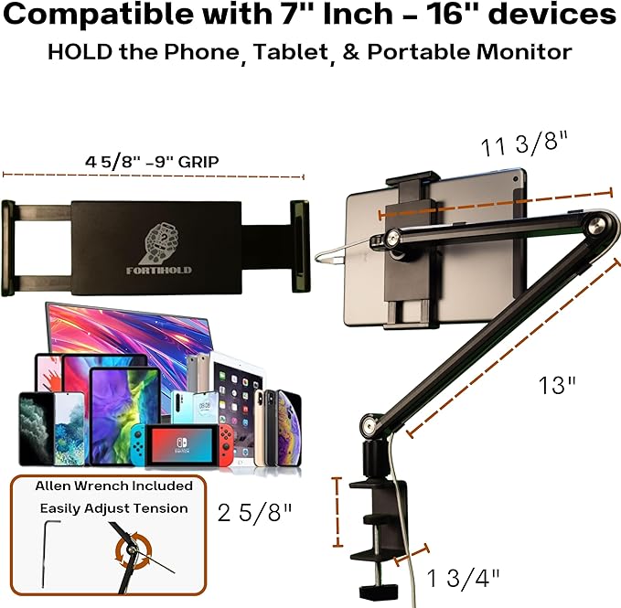 FORTIHOLD Stand for 16 Inch Portable Monitor - Heavy Duty Aluminum Mount with Infinite Angle Adjustment, Built-in Cable Management - Fits iPad Pro 12.9, Tablets, iPhone (Holds 4.7"-16" Devices)