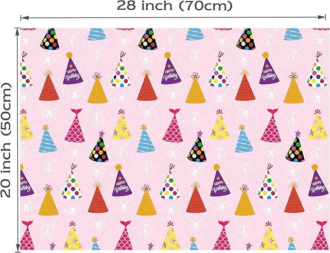 Birthday Wrapping Paper Sheet - 8 Sheets Folded Flat Gift Wrap with Colorful Hat, “Happy Birthday” Lettering, Rainbow with Clouds, Polka Dots for Party, Baby Shower - 20 X 28 Inch Per Sheet
