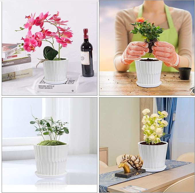 sietpoek Plant Pots - 6.7 Inch Cylinder Ceramic Planters with Connected Saucer, Pots for Succuelnt and Little Snake Plants, Set of 2, White