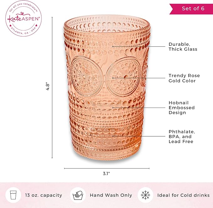 Kate Aspen Hobnail Beaded Floral Rose Gold Drinking Glasses Set of 6,(13 oz) Vintage Glassware Cocktail Glass Set,Juice Glass,Water Cups Great Hostess Gift & Gift for New Home Owners(Pack of 4)