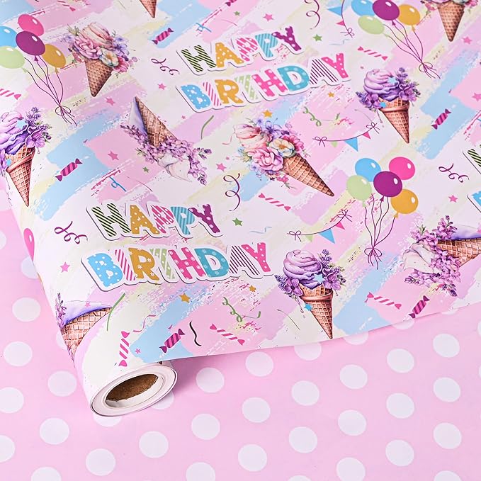 Altarho Reversible Ice Cream Wrapping Paper Roll for Kids Girls Women - 17 Inch x 20 Feet - Pink Summer Happy Birthday and Polka Dot Design Gift Wrap for Baby Shower Party Total 28.5sq.ft