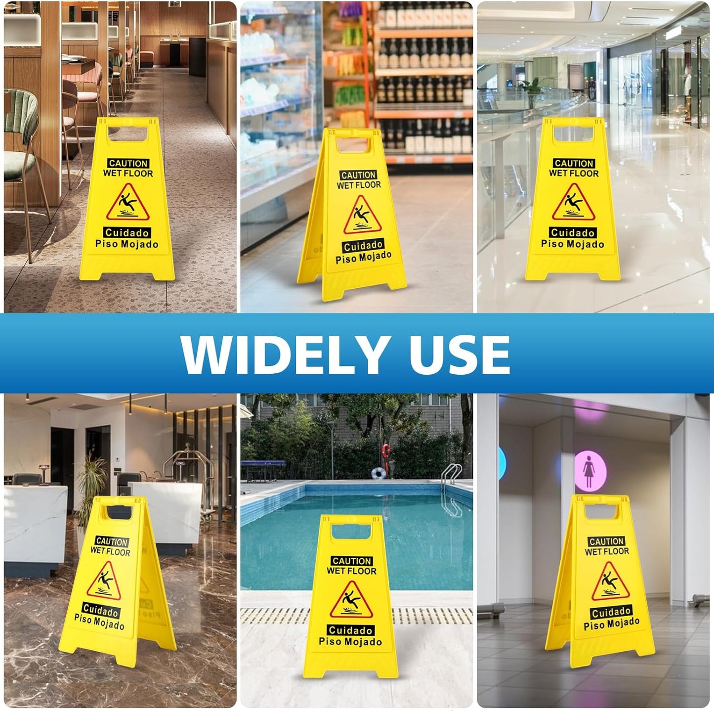 WOUSEDO Caution Wet Floor Sign - Bright Yellow Double-Sided A-Frame | 17.5" Height, Bilingual Message