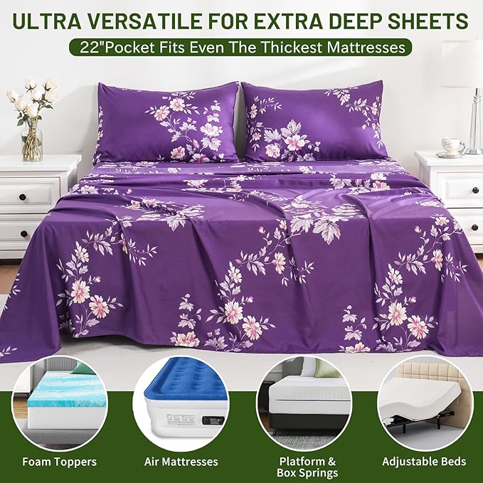 Bedlifes Extra Deep Pocket 18-24" Queen 4-Piece Sheet Set - Cooling Sheets Blend Rayon Derived from Bamboo Soft & Breathable,Featuring Dark Purple Floral