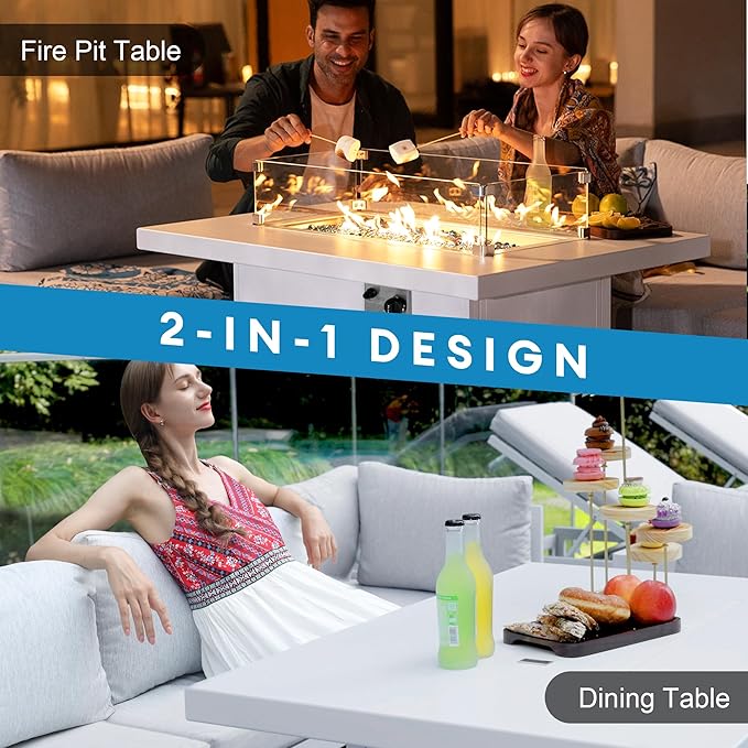 NICESOUL Aluminum Outdoor Propane Fire Pit Table, 60,000 BTU Rectangle Natural Gas Firepits, Rust-Proof All-Weather Fire Table with Wind Guard & Glass Rocks for Patio Outside CSA-Certified, White